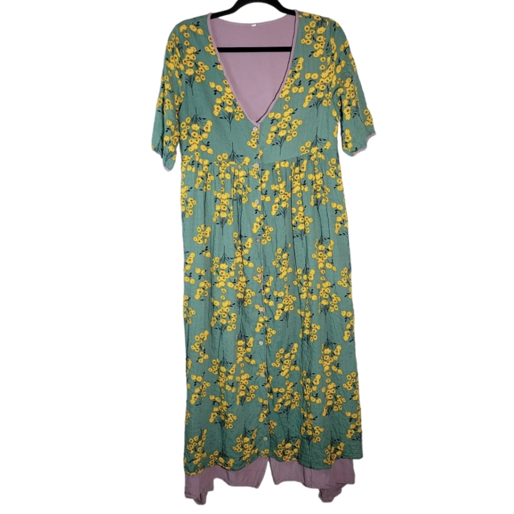 Green with yellow floral print button down maxi dress Size Medium